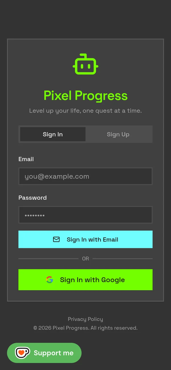 Pixel Progress sign-in screen