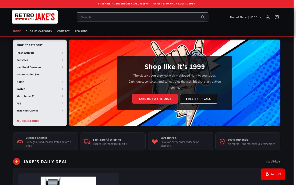 Retro Jake's storefront home page